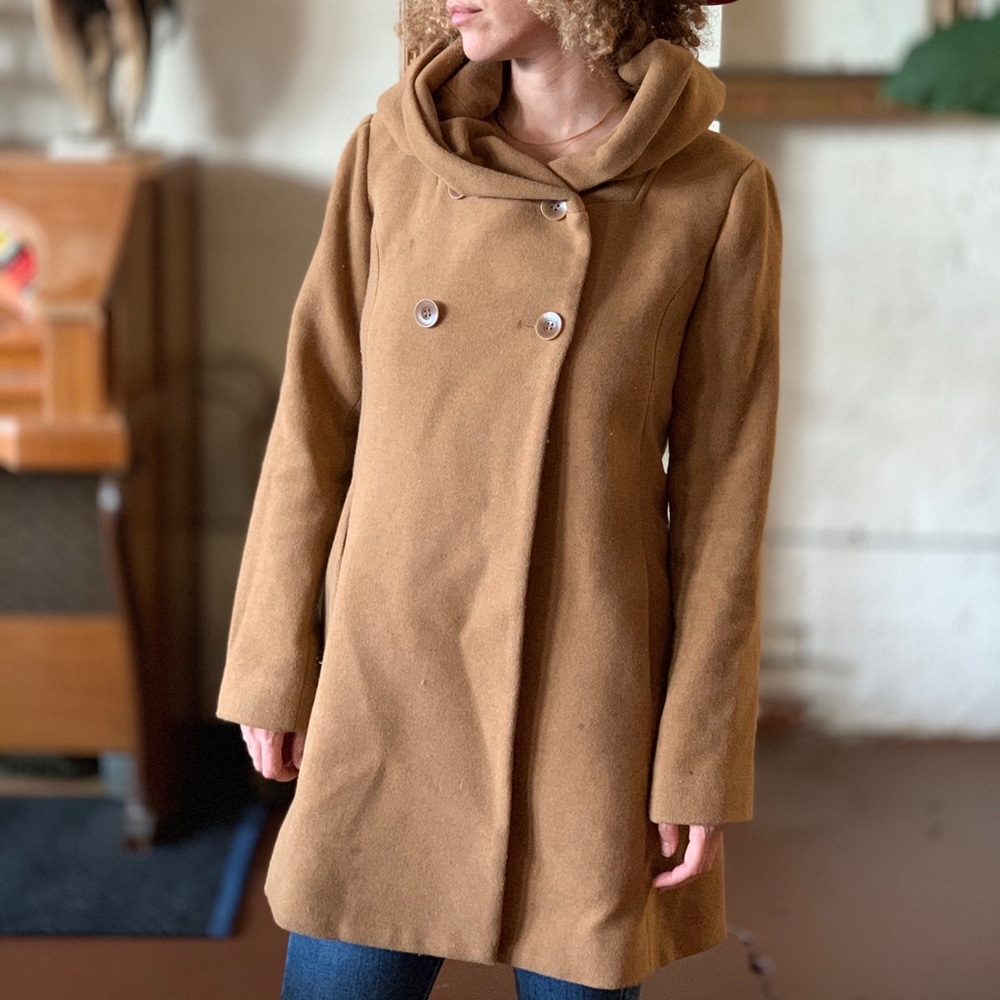 Wool blend brown tan coat with hood